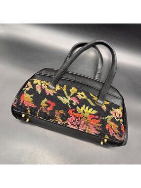 Vintage Tapestry Carpet Bag Purse Handbag 1960s Floral Dual Handles Needlepoint